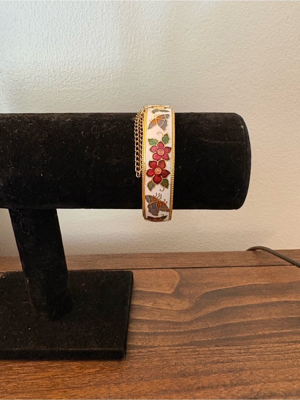 Gold-Tone cloissonne floral and butterfly hinged bangle